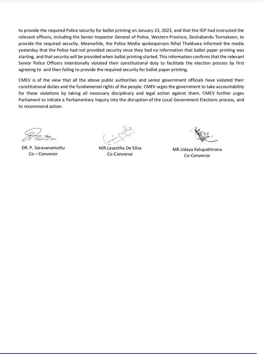 cmev's tweet photo. #CMEV strongly condemns the blatant violation of the people's democratic rights by the Election Commission, Treasury, Executive, Government Printer and Senior officers of the Sri Lanka Police.
👉Press statement
#LGE2023 #CMEV #Elections2023 https://t.co/0htFSMR4Z1