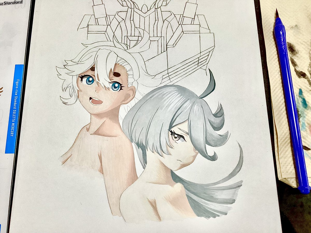 ミオリネ・レンブラン ,スレッタ・マーキュリー 「続きは、水曜日以降に。#水星の魔女 #スレッタ #ミオリネ #アナログイラスト 」|真オーゼ（(@_@))のイラスト