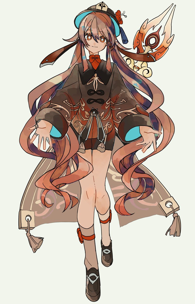 hu tao (genshin impact) 1girl solo brown hair long hair hat full body symbol-shaped pupils  illustration images