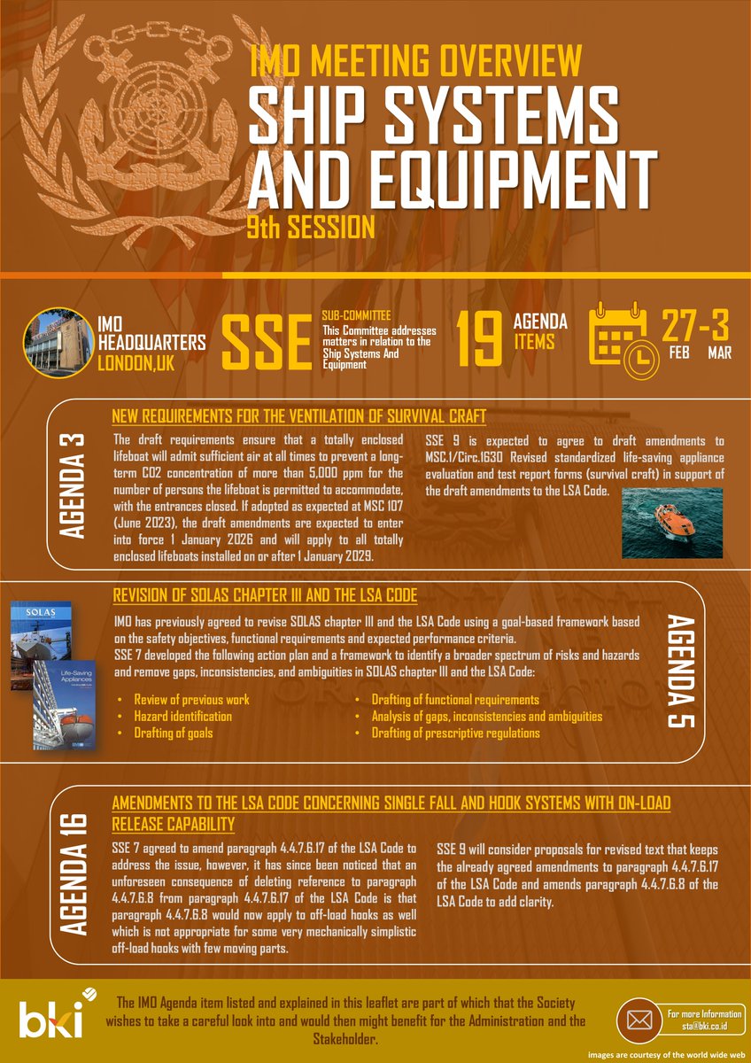 bki_sta's tweet photo. Infografik untuk Sidang IMO Ship Systems and Equipment (SSE) sesi ke 9 yang akan dilaksanakan pada 27 Februari – 3 Maret 2023, dapat diunduh melalui tautan berikut: https://t.co/hQC2aFaNMp @BKI_1964 @BKI_RnD https://t.co/K2yYiAzwlD