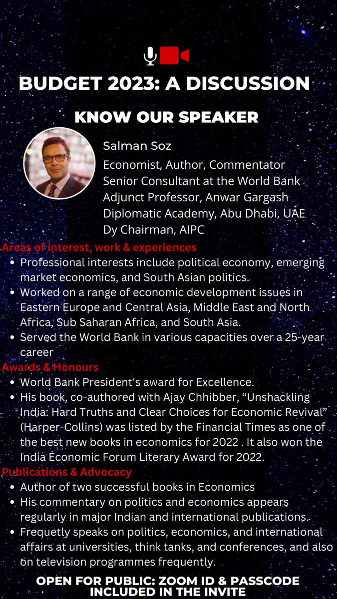 SalmanSoz's tweet photo. Join the #InspireDialogue on Budget 2023 this evening at 6.30pm Zoom link
https://t.co/axZl5wjCgW
Meeting ID: 878 3905 1448
Passcode: 258240
FB live from AIPC FB page @ProfCong https://t.co/z2YSP75KZi