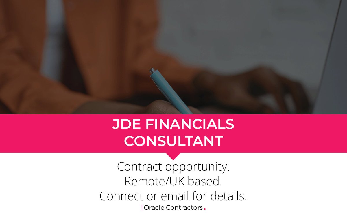 Oracle_Global's tweet image. CONTRACT OPPORTUNITY: JDE Financials Consultant
Rate: £400 per day
Location: #Remote #UK

For details, please contact Ruwaida Peerbocus on Ruwaida.Peerbocus@oraclecontractors.com
 
#OracleContractors @Oracle #Oracle #OracleJobs #OracleCloud #JDE #Finance #Support #Cloud