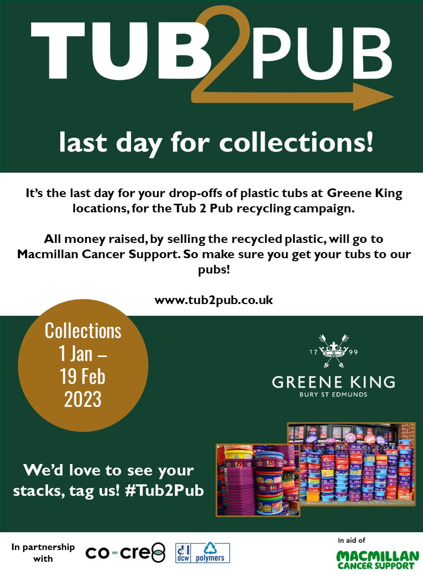 Sunday lunch at your local Greene King pub? Take your empty plastic tubs! It's the last day for drop offs ♻️

#Tub2Pub #lastday
