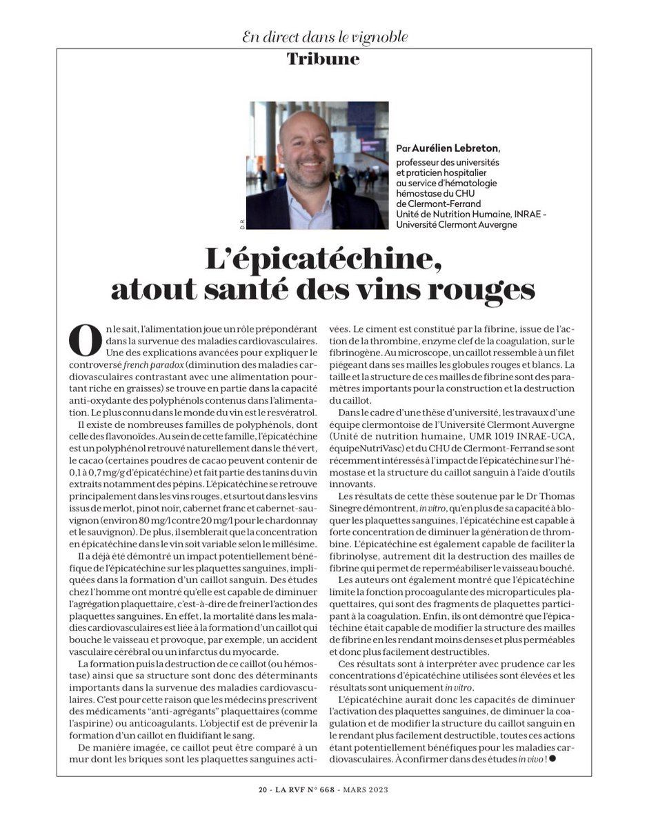 AureLebre's tweet photo. A lire ce mois ci dans @LaRVF_mag 
@INRAE_France @CHUClermontFd @UCAuvergne 
Nos travaux sur l’impact de l’épicatéchine sur l’hémostase

🍷
#epicatechin #polyphenol #vin #coagulation #hemostase #tanin #santé #vinrouge #Bourgogne #pinot #pinotnoir https://t.co/p7naegnnNG