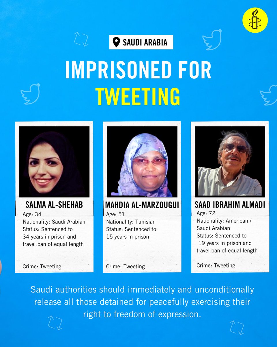 amnesty's tweet photo. Salma, Mahdia and Saad are 3 out of 15 people who were sentenced in Saudi Arabia in 2022 to prison terms of between 10 and 45 years simply for expressing their opinions online. 

Freedom of expression is not a crime. They must be released immediately. https://t.co/Tw2P0rhWN1