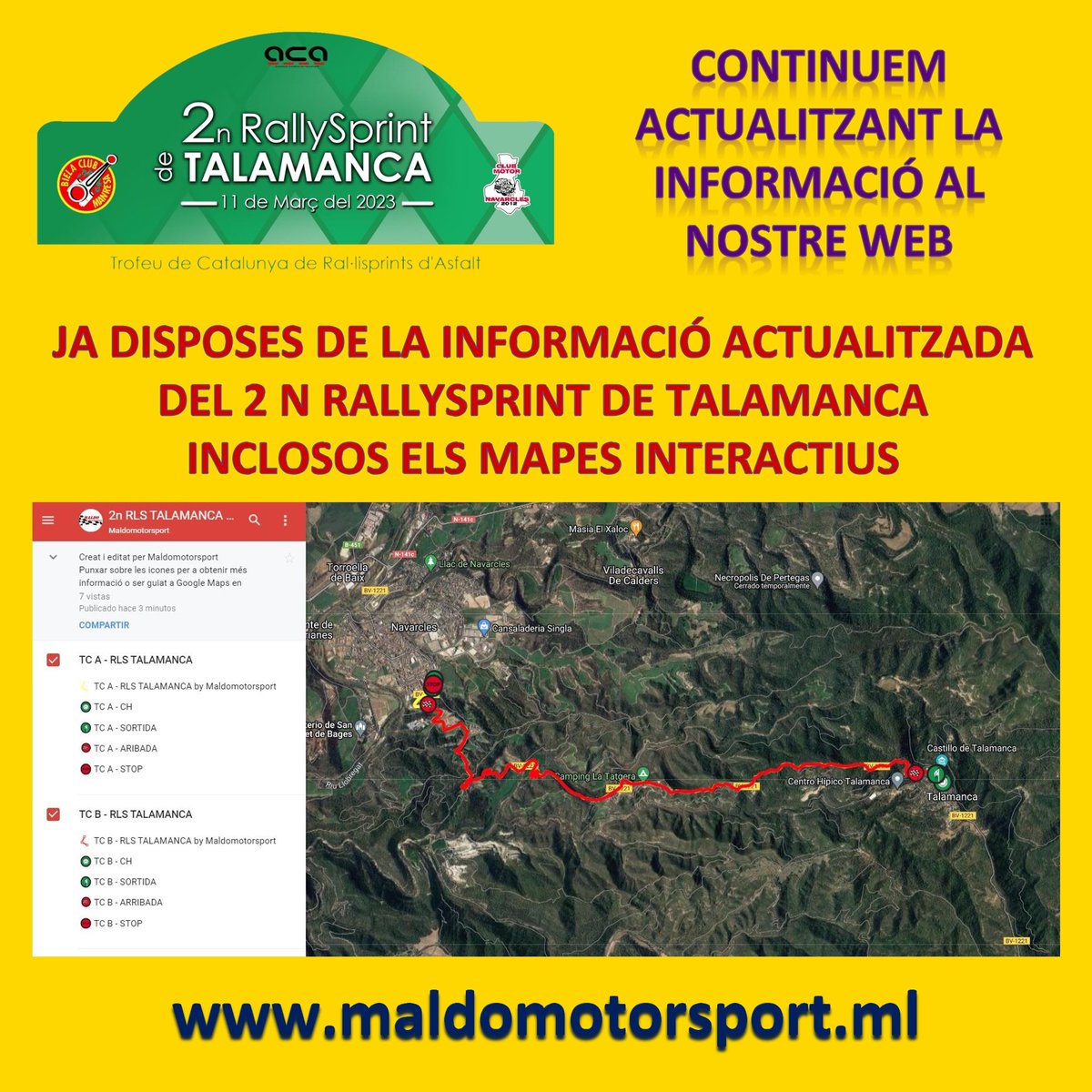 maldomotorsport's tweet photo. 🎯 2n RALLYSPRINT DE TALAMANCA
📢 Ja tens tota la ℹ️ al nostre 🌐 web, inclosos els 🗺️ mapes interactius.
https://t.co/3FLQhTFTc8
#motorsport #maldomtorsport #rally #rallysprint #informació #mapes #interactius #talamanca #campionat #catalunya #FCAutomobilisme https://t.co/fyCgbD01Ti