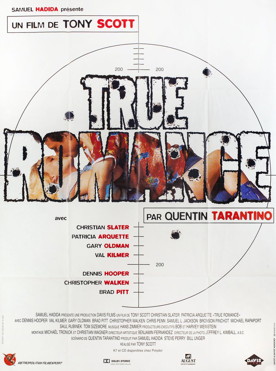 A film poster from France for #TrueRomance (1993 - Dir. #TonyScott) #QuentinTarantino #ChristianSlater #PatriciaArquette #DennisHopper #ValKilmer #GaryOldman #BradPitt #ChristopherWalken