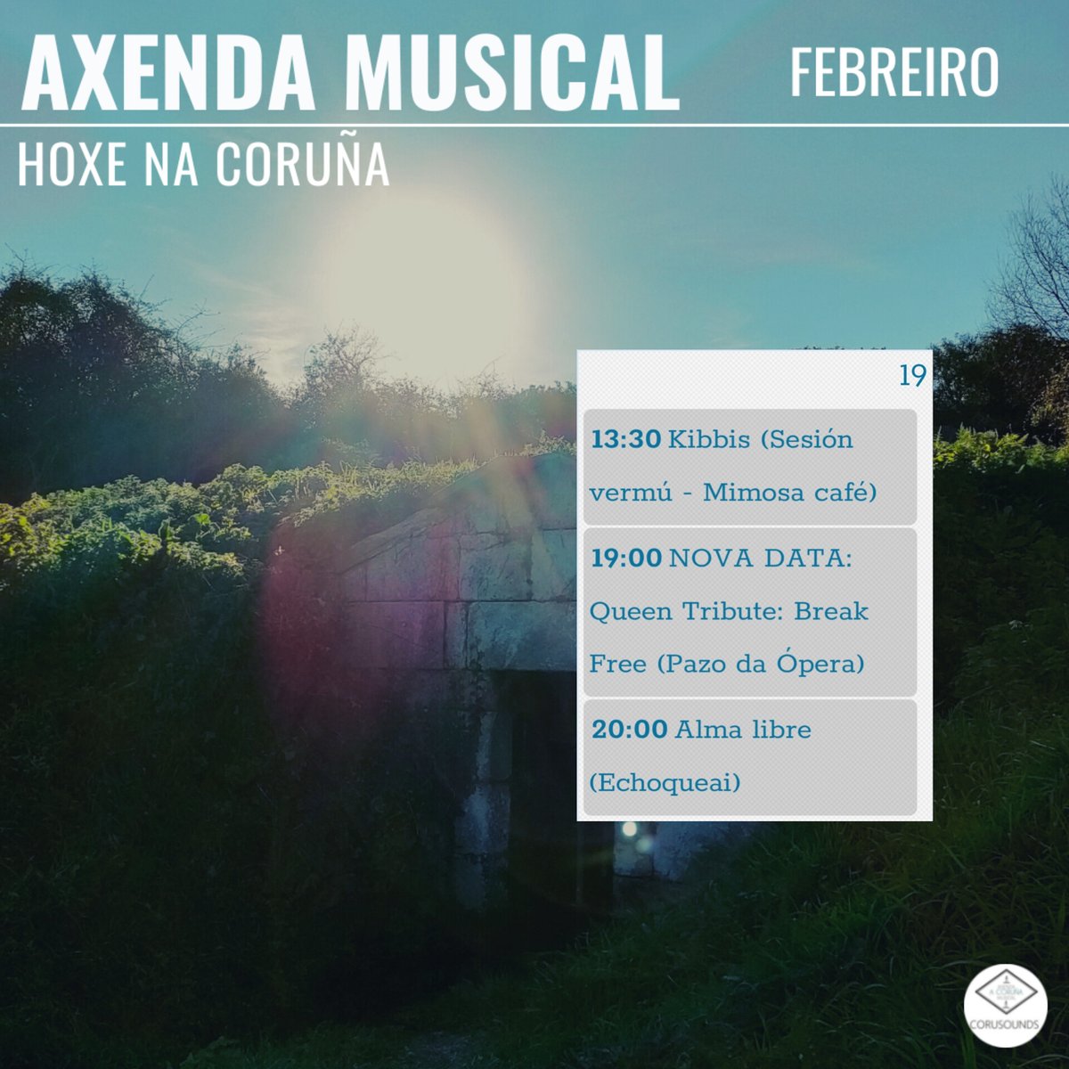 Hoxe na Coruña... 
.
.
.
Podes ver todos os concertos programados este ano en: corusounds.emiweb.es/agenda
#ACoruña #Coruña #AxendaMusical #AgendaMusical #Musica #Concertos #Concertos #Cultura #culturaparatodos #CulturaSegura