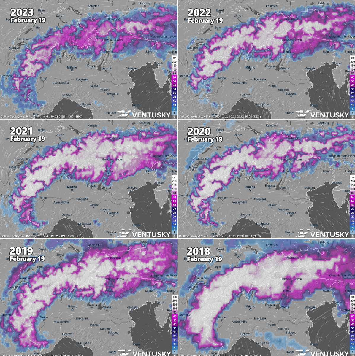 Winter is coming to an end. In the Alps, it is the poorest in terms of snow in the least 6 years (significantly). See the comparison in this image - this year the white color is almost absent on the map (it indicates a cover above 150 cm). 🧐