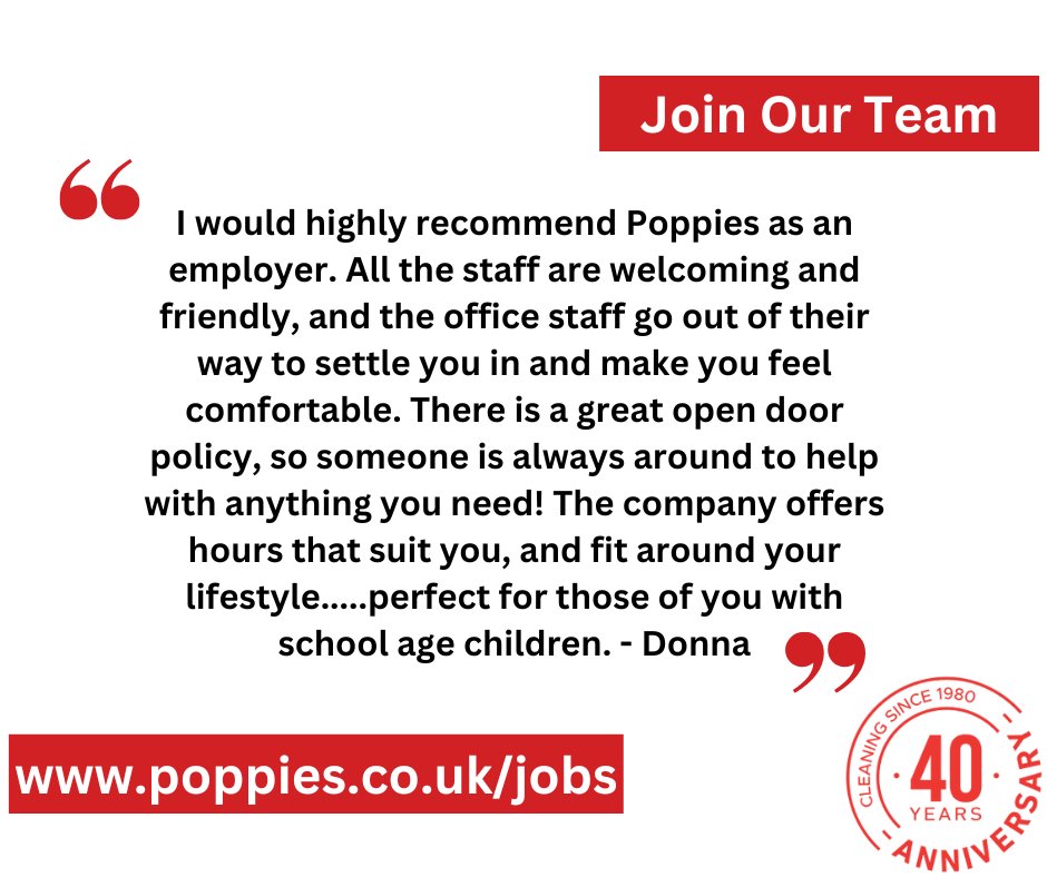 No1Cleaning's tweet photo. Our team are always sharing how rewarding working within a Poppies team is and the satisfaction they get from the role they do. 

Check out our jobs page or DM us to find a role to suit you

https://t.co/P6D8lAKu0A

#cleaningcompany #cleaningjobs #flexiblejobs https://t.co/47TsJJUxcZ