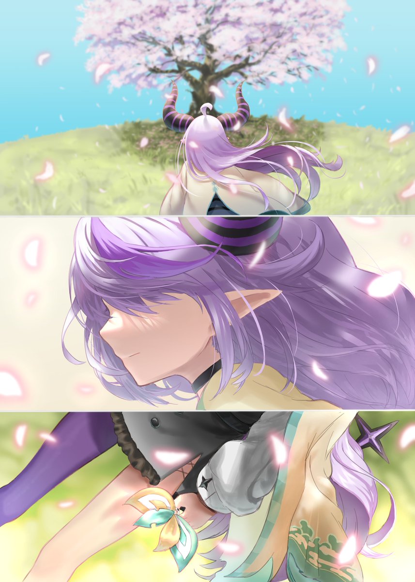 la+ darknesss purple hair long hair horns pointy ears cherry blossoms 2girls multiple girls  illustration images