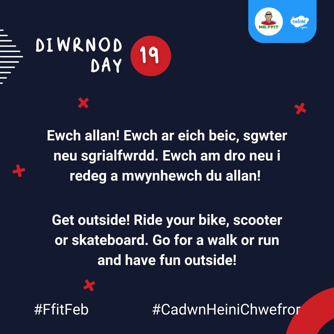 FfitMr's tweet photo. #ffitfebruary Day 19
Todays challenge is to Get outside!
Ride your bike, scooter or skateboard. Go for a walk or run and have fun!
#pummunudisymud #health #wellbeing #healthandwellbeing #lles #iachus #dysgucymraeg #cymraeg #cadwnheini #happy #hapus #heartmonth https://t.co/NYpTdzV9si