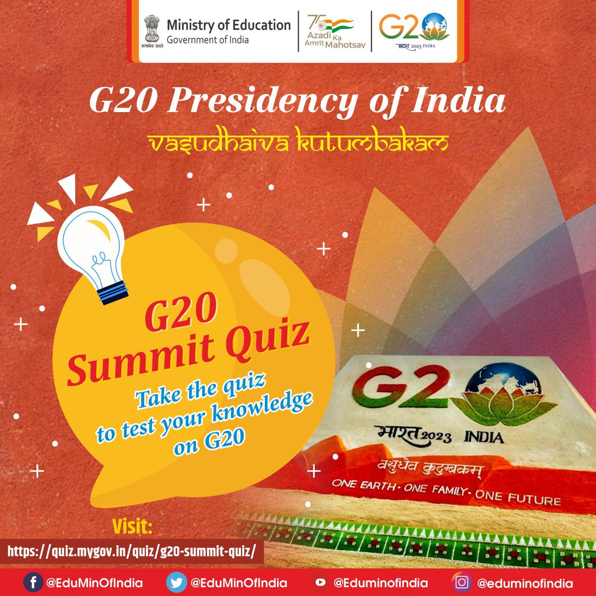 The #G20Summit quiz is aimed at raising awareness regarding the #G20. 

Participate in the quiz and enhance your knowledge about the G20.

Don’t give it a miss! 

Last Date: 28th Feb, 2023.

To participate, visit: quiz.mygov.in/quiz/g20-summi…