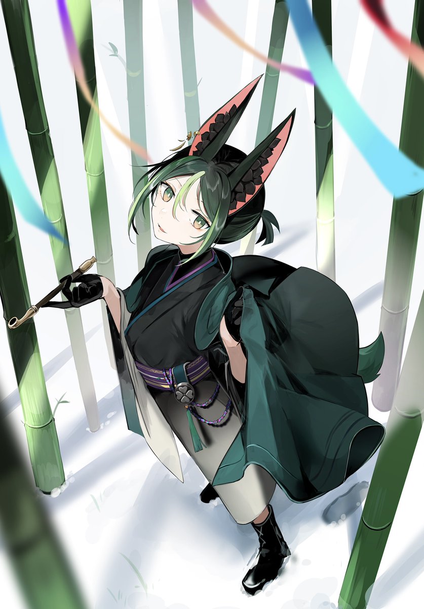 bamboo animal ears fox ears green hair bamboo forest solo holding  illustration images
