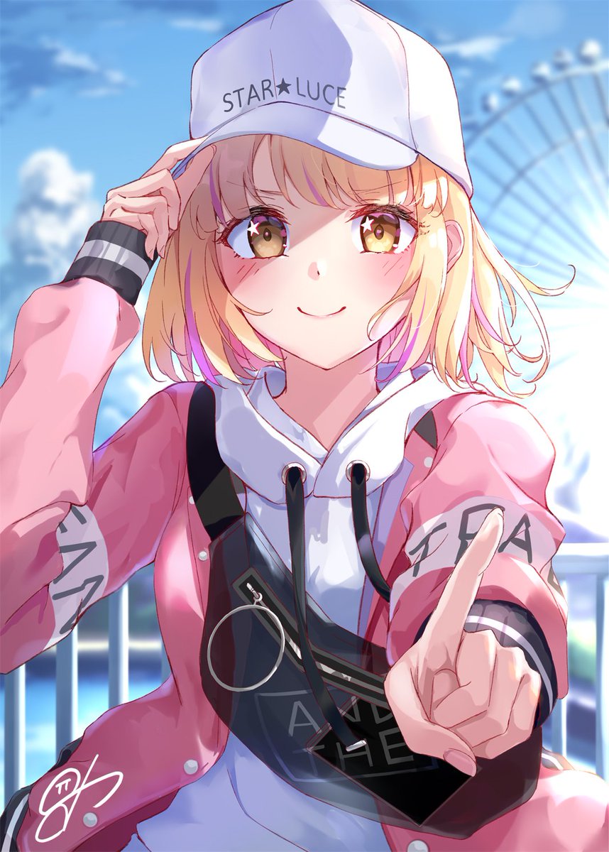 1girl solo hat blonde hair smile ferris wheel hoodie  illustration images