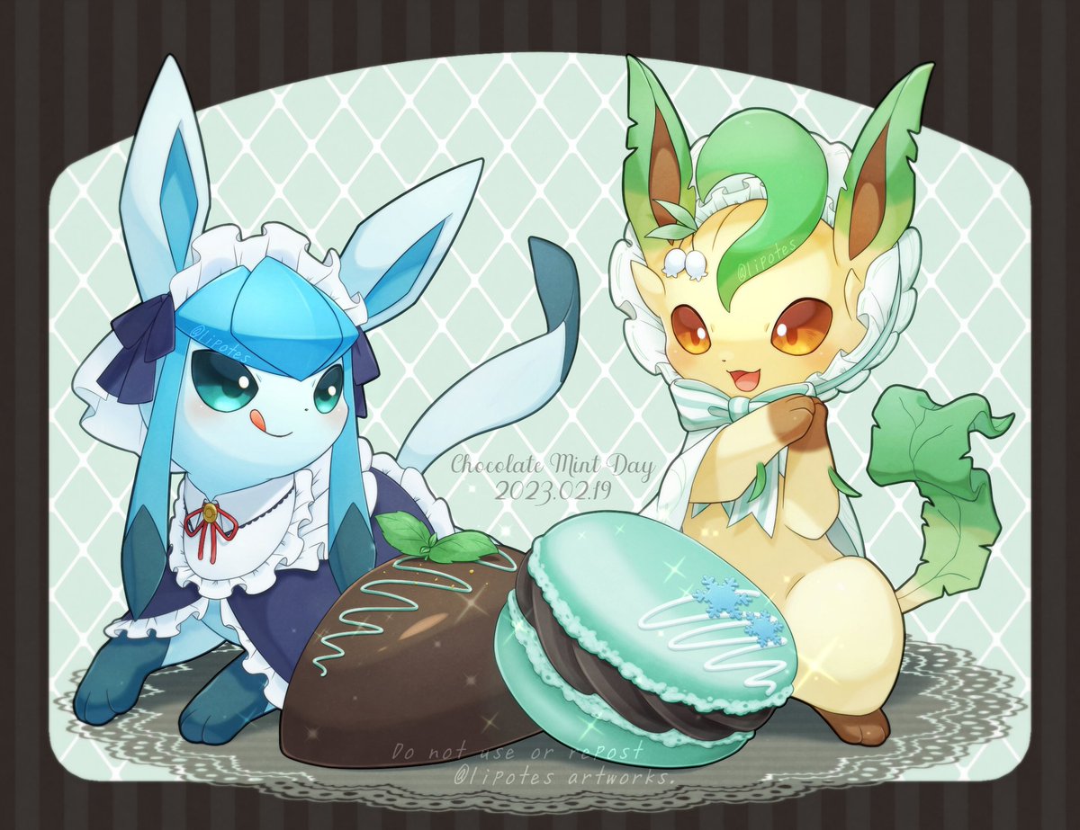 glaceon ,leafeon tongue no humans pokemon (creature) smile open mouth macaron clothed pokemon  illustration images