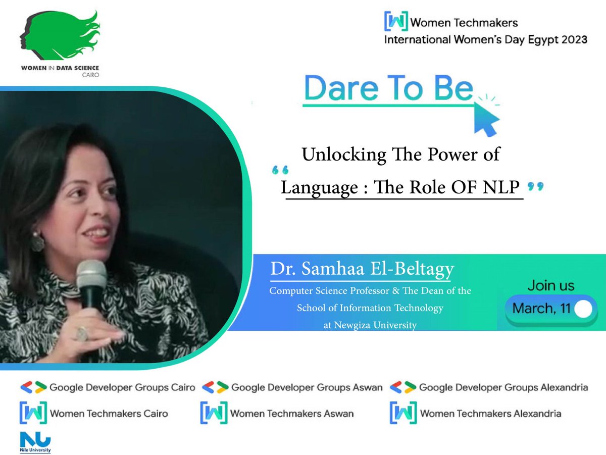 Let's announce our next speaker
👨‍💻Dr. Samhaa El-Beltagy 💥
Samhaa R. El-Beltagy is a computer science professor and the Dean of the School of Information Technology at Newgiza University.  
#WTMDareToBe  #IWD23Egypt  
#GDGCairo #GDGAswan #GDGAlexandria