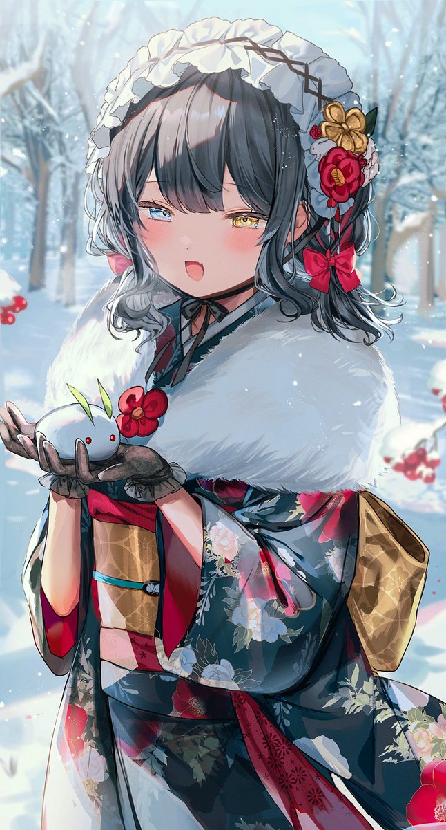 1girl kimono japanese clothes solo snow outdoors gloves  illustration images