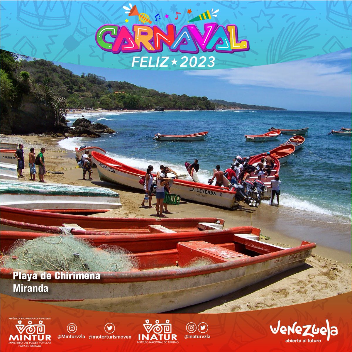 Inatursucre's tweet photo. El Instituto Nacional De Turismo les desea a todos un feliz Carnaval 2023 🎉🎊
#VenAVenezuela
#VenezuelaAbiertaAlFuturo
#VenezuelaVictoriosa
#VenASucre
#SucreDestinoSeguro
#CarnavalesFelicesYSeguros2023
#TurismoDeSolYPlaya https://t.co/vRCy7Gx75e