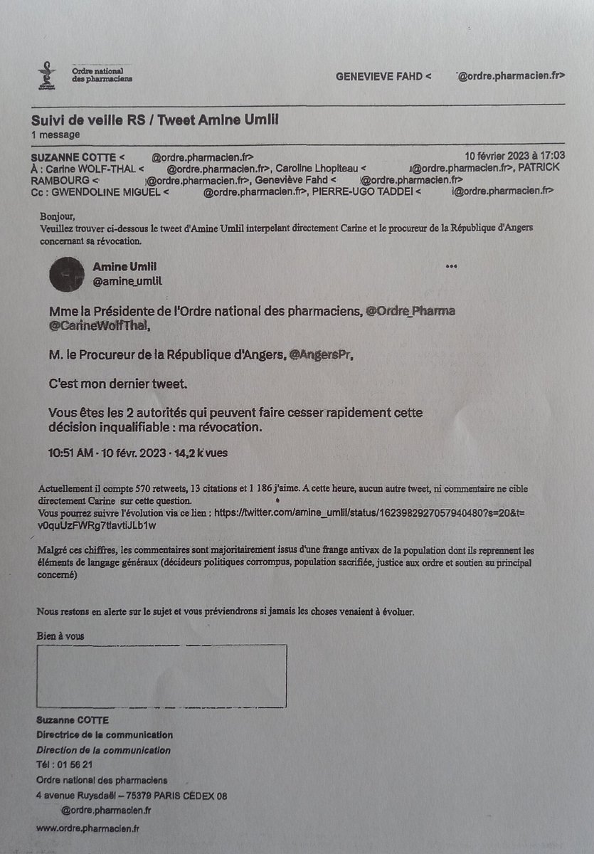 amine_umlil's tweet photo. Je suis "fiché RS" par l'Ordre national des pharmaciens.

@Ordre_Pharma @CarineWolfThal
@agnesfirmin @Sante_Gouv @FrcsBraun @olivierveran

@VillaniCedric @OPECST_ @SoniadlpCaen @flolassarade @LeseulG @MullerBronnL

@AngersPr https://t.co/7v3NxTftSZ