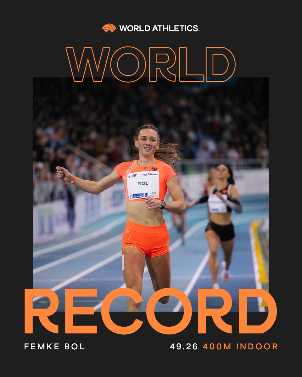 UNSTOPPA-BOL

4️⃣9️⃣.2️⃣6️⃣ 400m indoor world record* at the 🇳🇱indoor championships in Apeldoorn for Femke Bol 👀

*Subject to the usual ratification procedure