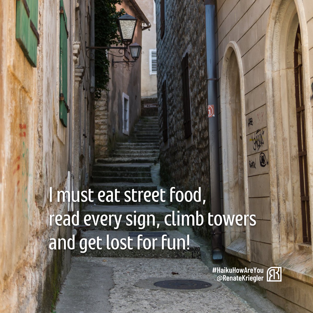 RenateKriegler's tweet photo. The Fragrance of #Wanderlust Day 1
with @BoxedCommunity
"I must eat street food,
read every sign, climb towers
and get lost for fun!"
#TravelJournal
#Staycation
#WhereYouGoThereYouAre
#HaikuWHEREAreYou
#HaikuHowAreYou
#LearningToFeel
#LearningToSee
#Senryu
#Haiku https://t.co/hjQ7VeCgjb