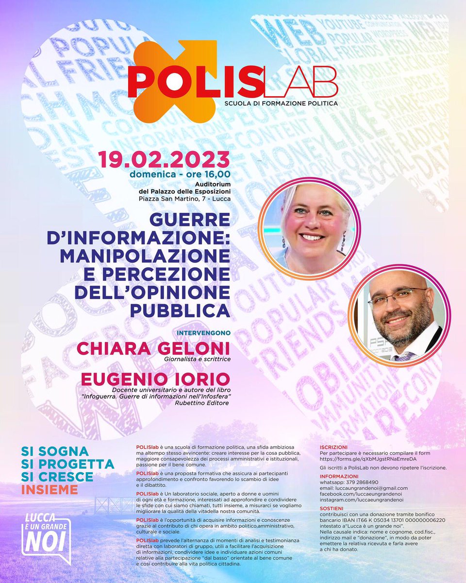 ceciliacarmassi's tweet photo. Con @lageloni e @eiorio proviamo a conoscere meglio l'#infosfera in cui siamo immersi e come nell' #infoguerra vogliono manipolare le nostre coscienze
#luccaungrandenoi
#polislab https://t.co/W1stJlpgMl