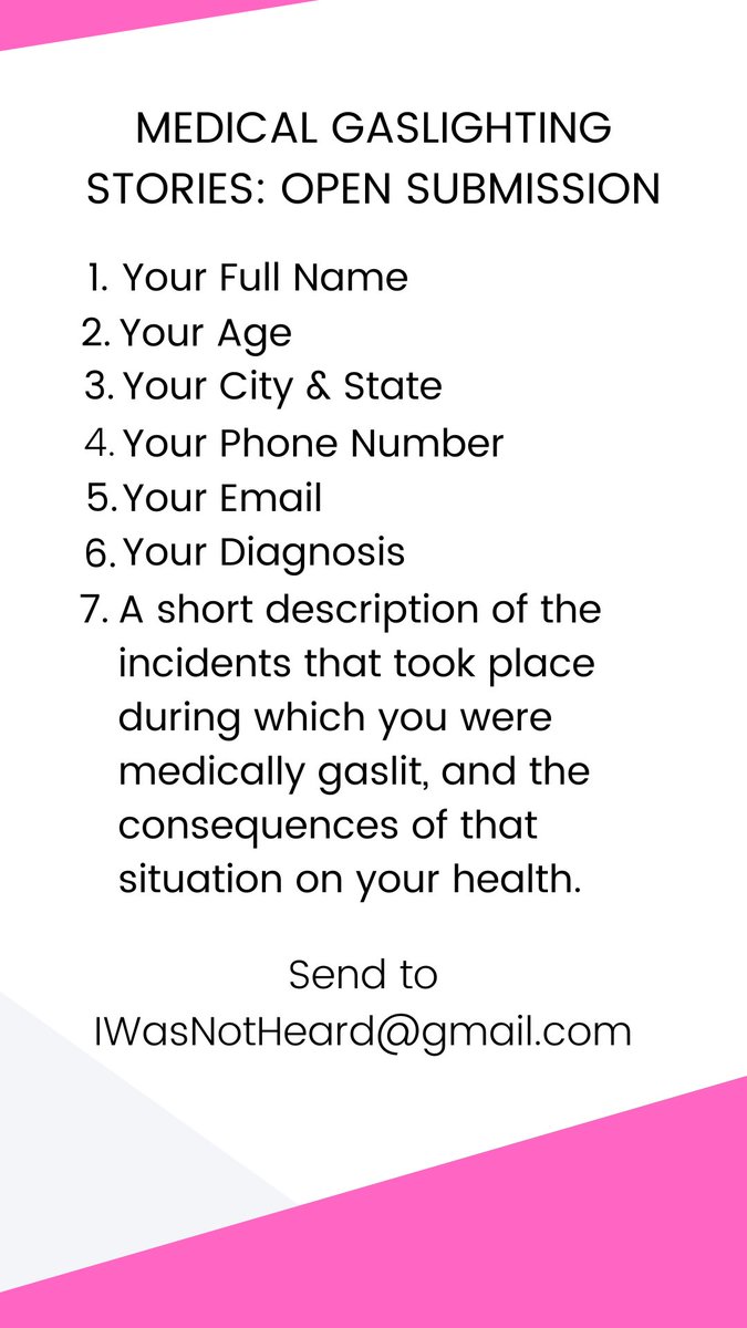 Seeking stories from women who have had experiences with #medicalgaslighting . If you or someone you know would like to share their story for my upcoming book, please reach out to iwasnotheard@gmail.com with the following info.

MUST BE 18+
Currently living in the US
Female/AFAB