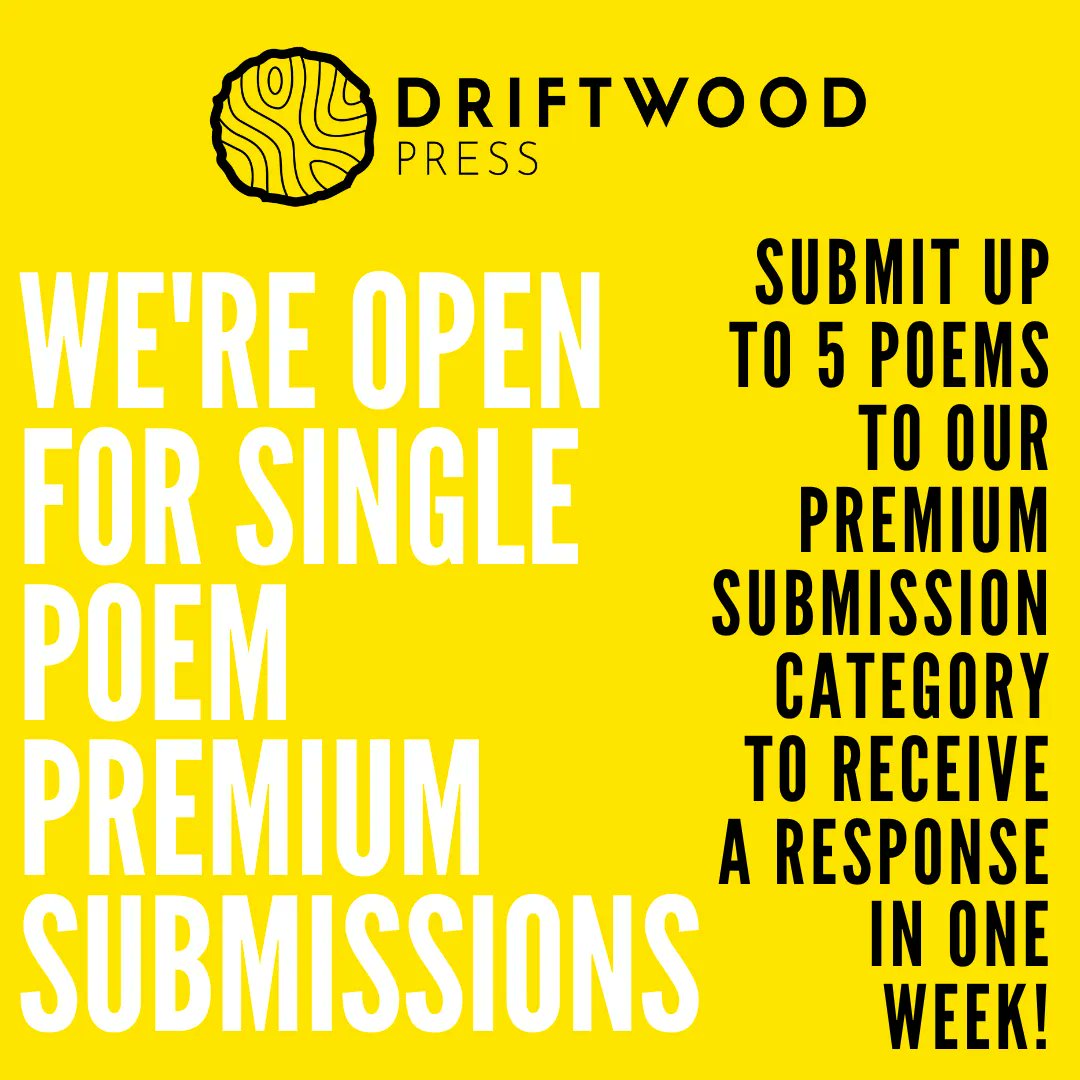 Want a quick, one-week response to your poetry submission? Driftwood Press is offering premium one-week responses to your poetry submissions through the end of the month!
