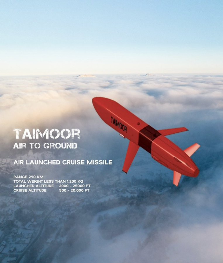 zspcl's tweet photo. Turbojet propelled #Taimor Stand off 2,500 lbs subsonic ALCM by #GIDS available for exports -
with IIR terminal Seeker.
Specialized for striking Naval targets as opposed to Ra'ad - II.
https://t.co/GO1DiTK9OQ https://t.co/feqEtcdM2I