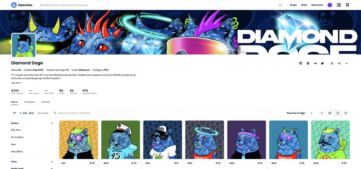 DiamondDogeETH's tweet photo. SURPRISE🥳

The NFT art has been revealed early. Check out which #DiamondDoge you minted and share it in the comments below! 👇👇 

112/777 have been minted so far

💎Mint yours here: https://t.co/IFeayskEs5

🔄Opensea: https://t.co/PqRRzLKuIw

#ETH #NFT #MintingNow #Mint https://t.co/JTv1LOkpUF