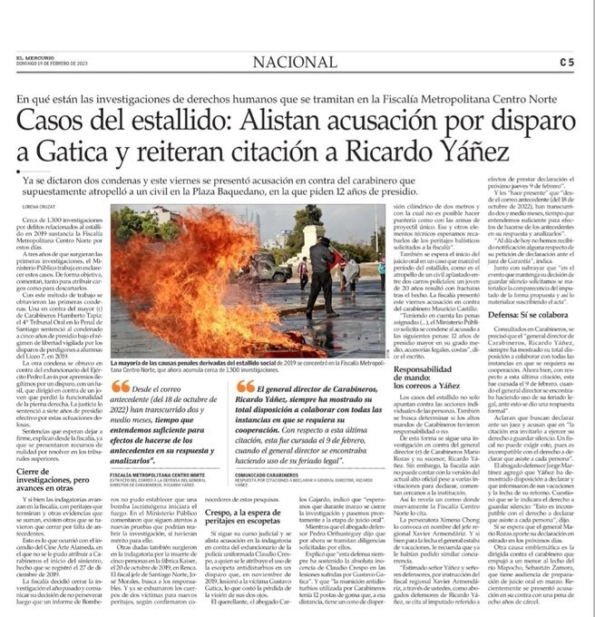 rbustosbottai's tweet photo. En publicación de @ElMercurio_cl se informa como, mientras continúan diversas investigaciones por violaciones de DDHH durante el estallido contra funcionarios de baja graduación, el Grl. Yáñez no ha comparecido ante fiscal en 4 oportunidades. Desde @amnistiachile abrimos hilo 1/6 https://t.co/WSPL9oImF7