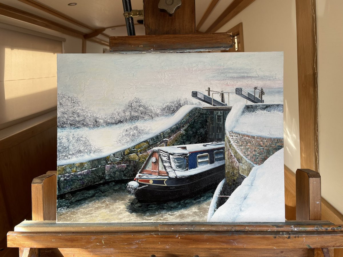 On the boat easel today is another of my canal ‘Light and texture’ series. Bring on the snow. #fineart #artist #painting #oilpainting #pebeo #canal #narrowboat #inlandwaterways #lock #art #Pebeovitrail