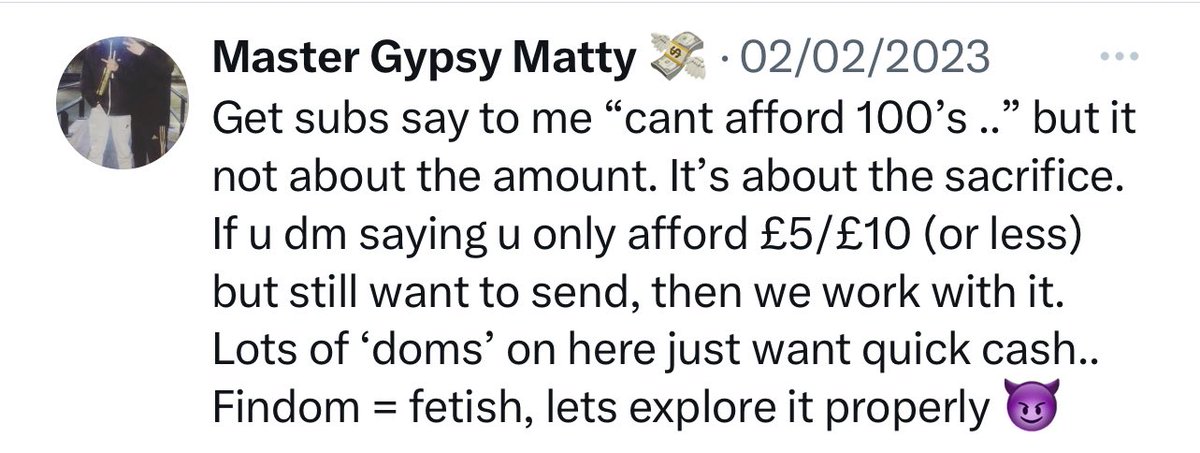 gypsyboymatty's tweet photo. @cashpigslave1 @scottish_alpha That’s the difference between a cashmaster that’s actually into findom and some of the boys on here begging for cash 😂 https://t.co/aLNjj8amIb