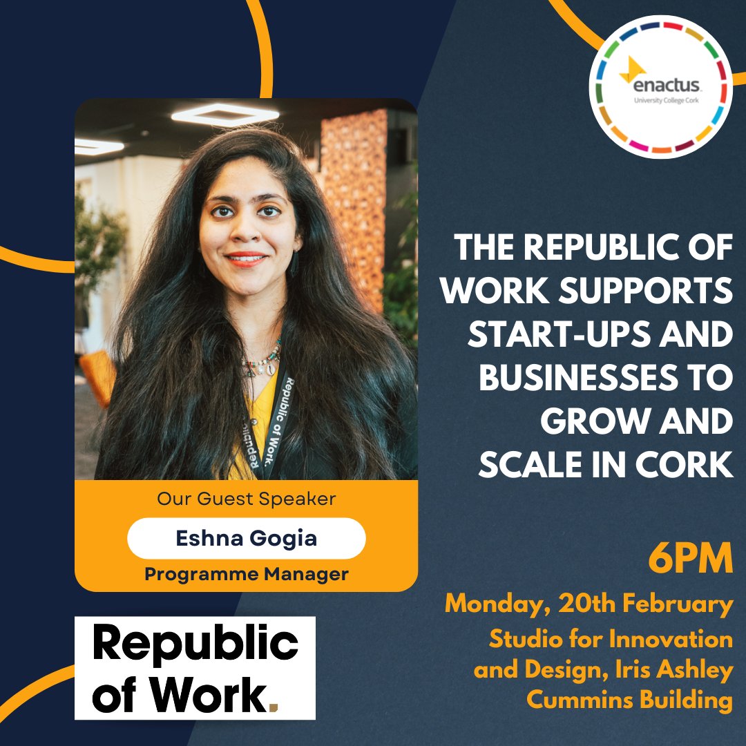 UCC Enactus Society (@uccenactus) on Twitter photo Tomorrow, for our weekly Monday Session, we are delighted to have Eshna Gogia, Programme Manager at <a href="/republicofwork/">Republic of Work | Coworking & Innovation Space</a> , as a guest speaker. Come along and listen to the fantastic supports that they provide to startups and businesses in Cork. #UCCEnactus Tomorrow, for our weekly Monday Session, we are delighted to have Eshna Gogia, Programme Manager at <a href="/republicofwork/">Republic of Work | Coworking & Innovation Space</a> , as a guest speaker. Come along and listen to the fantastic supports that they provide to startups and businesses in Cork. #UCCEnactus