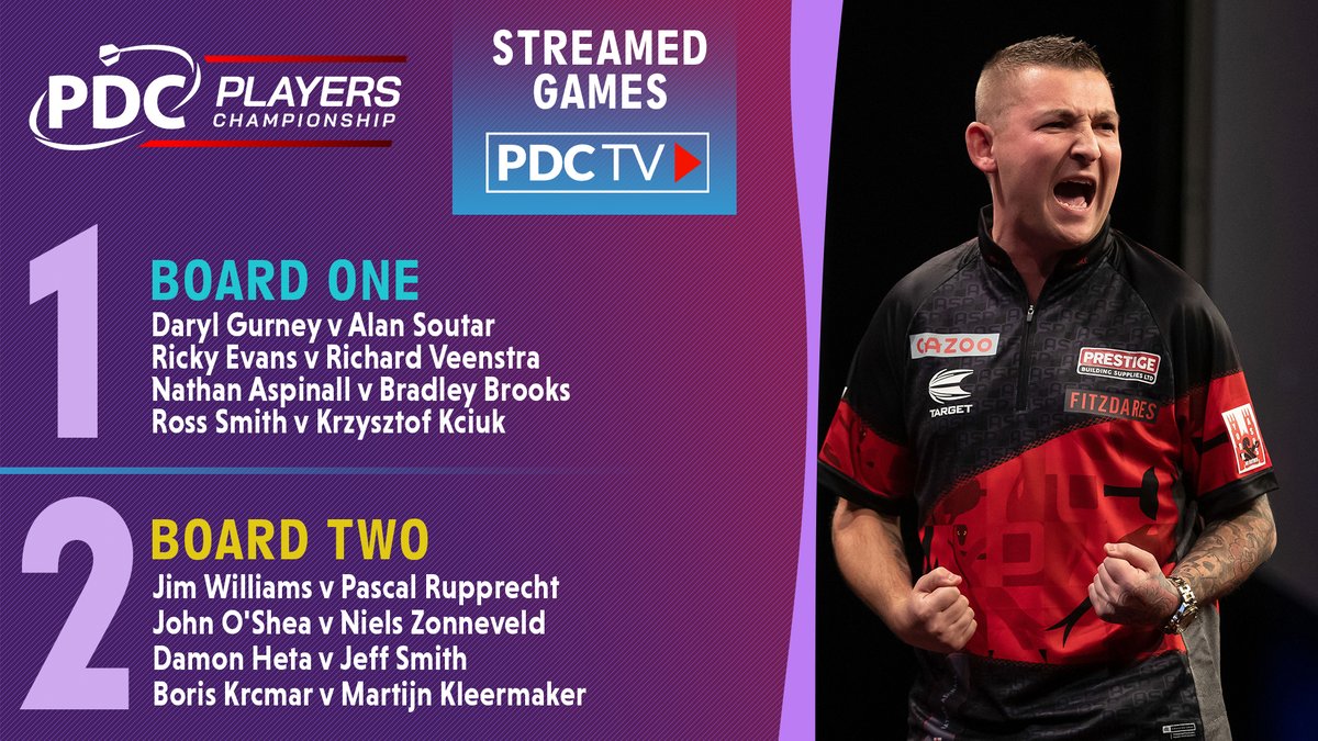 OfficialPDC's tweet photo. Players Championship 4 gets underway from 1300 GMT in Barnsley, live on PDCTV! 

There are some big names in first round action on the streaming boards, including Nathan Aspinall, Damon Heta, Ross Smith &amp; Daryl Gurney!

Watch for just £1.99 👉 📺 https://t.co/YyBPPwoMK8 https://t.co/8HjZ7WaaHc