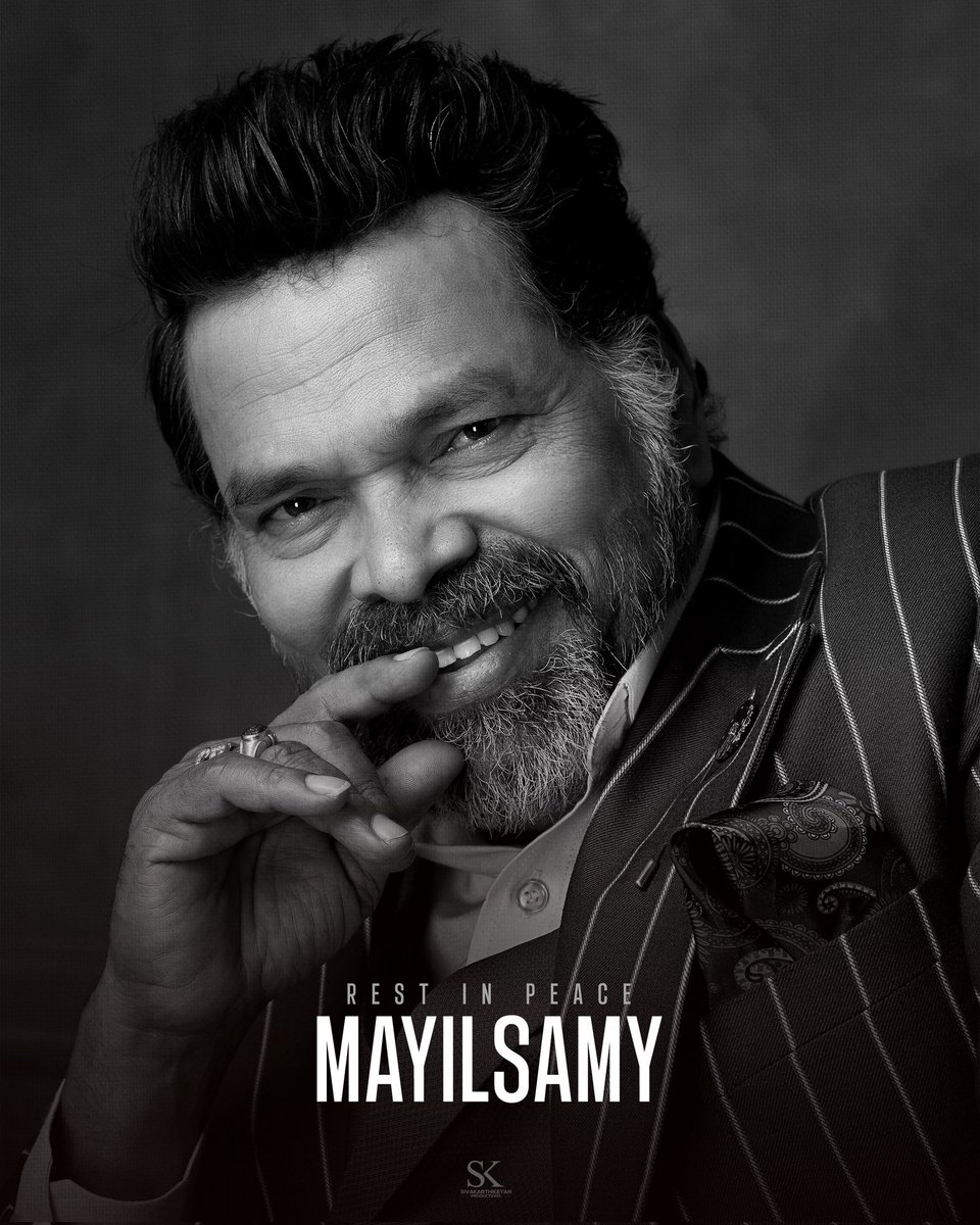 SKProdOffl's tweet photo. We're saddened to hear the demise of veteran actor #Mayilsamy sir. May his soul rest in peace 🖤

#RIPMayilsamy https://t.co/rxQrJ3MEoG