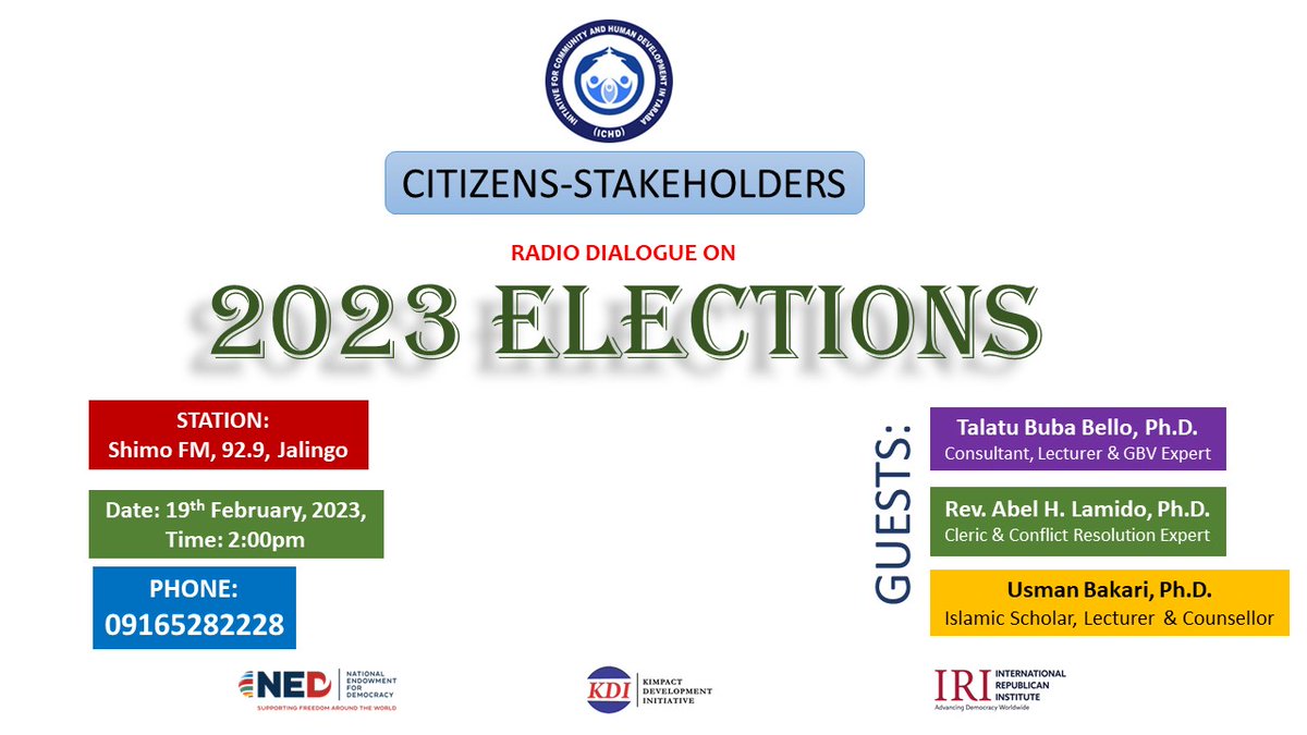 Mitigating election violence is a call to duty to every Nigerian citizen, especially, before, during and after the 2023 general elections.@NEDemocracy @IRIglobal,@KDI_ng,@bukolaidowu @femijohn0, @ichd4u is grateful for the opportunity to host #citizenradiodilogue in #tarabastate