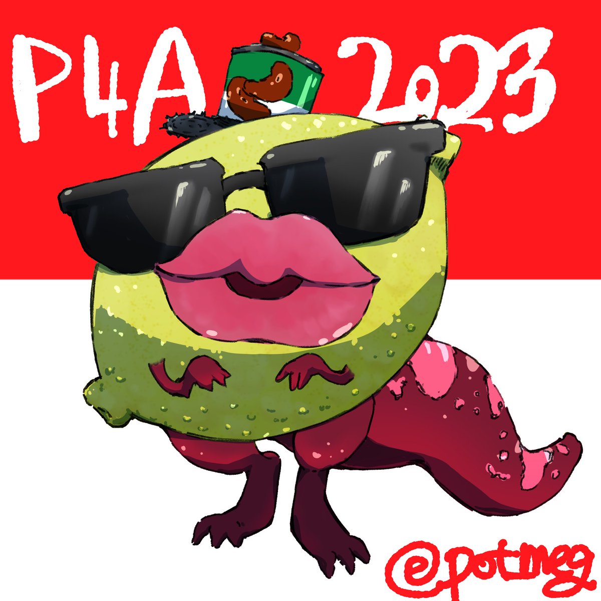 pot_meg's tweet image. I couldn’t watch livestream so I have no idea what people talk about lemon-lips-something or T-Rax? Rex? So I drew this #P4A2023 #P4A