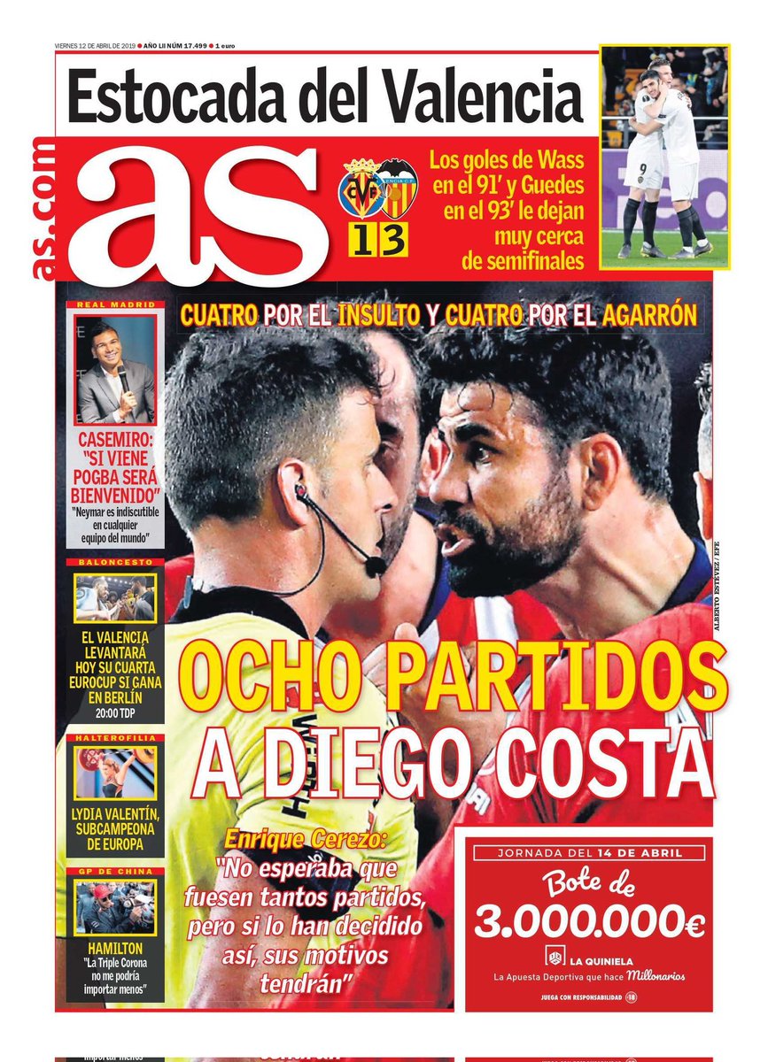 jc_sampaio's tweet photo. La portada de AS cuando le meten 8 partidos a un jugador por un insulto que jamás se demostró.

Vs

La portada de AS cuando no expulsan a un jugador al que TODO EL MUNDO vió insultar al árbitro.

Los fieras son los del AS. https://t.co/chrws9yXfm