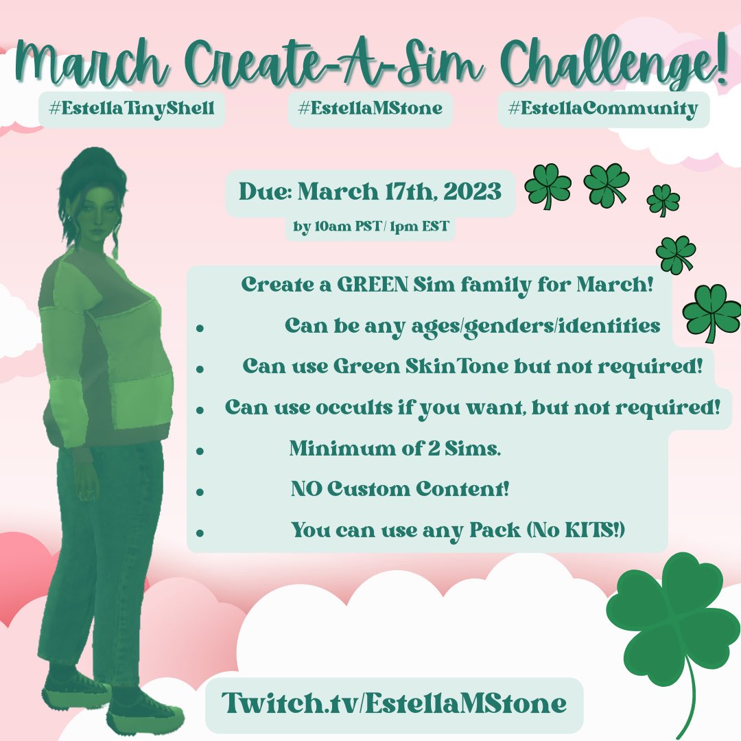 EstellaMStone's tweet photo. 🍀MARCH CHALLENGES:
Tiny House & Green themed CAS! Voted on by StarMelons in the MelonCove Discord! 🫶🏻✨
Can’t wait to see what you do💖
🍉Due: March 17th, 2023 @ 10am PST/ 1pm EST
#EstellaTinyShell #EstellaMStone
#Sims4 #TheSims4 #ShellChallenge #Sims https://t.co/HAFwXQktf5
