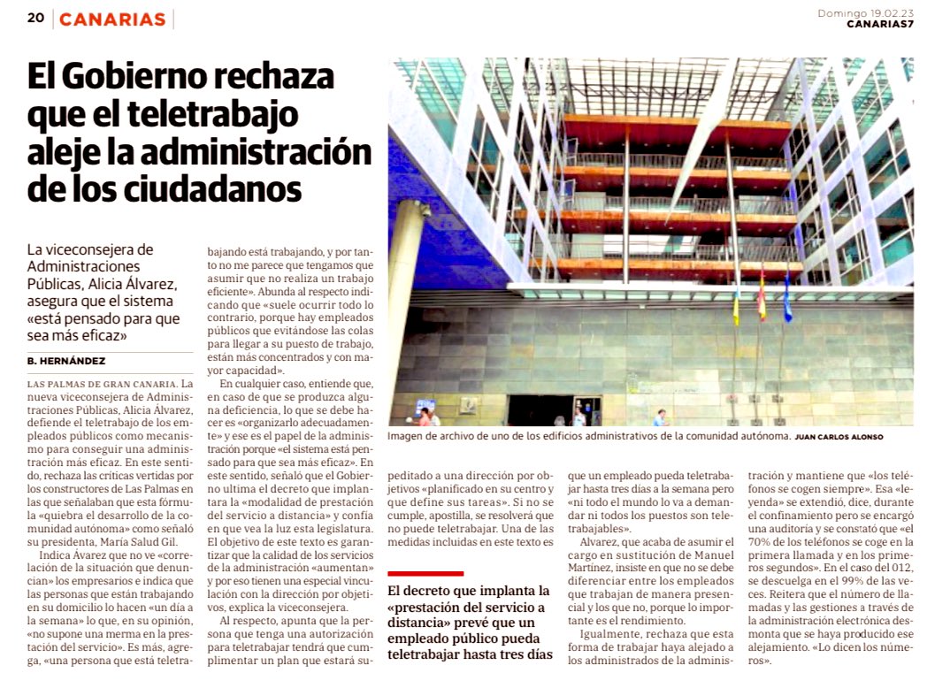 AdmPcasGobcan's tweet photo. 📰Hoy, en @canarias7, la viceconsejera de Administraciones Públicas y Transparencia, @AliciaAlvarezSC, afirma que el decreto del #teletrabajo está elaborado para conseguir una administración más #eficaz y aumentar la #calidad de los servicios a la ciudadanía. https://t.co/XMHhI0Jd8D