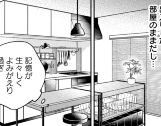 @KiRcomics 嘉島の部屋は一人暮らしの間取りなのにファミリー物件並のキッチンです
台の上の棚は備え付けじゃなく手作りで、調味料置いたり調理器具かけたりステンレスのワイヤーバスケット掛けて洗ってすぐカップ置けるようにしてる
料理が好きで自炊する人なのでキッチンで部屋を選んだという裏設定があります 