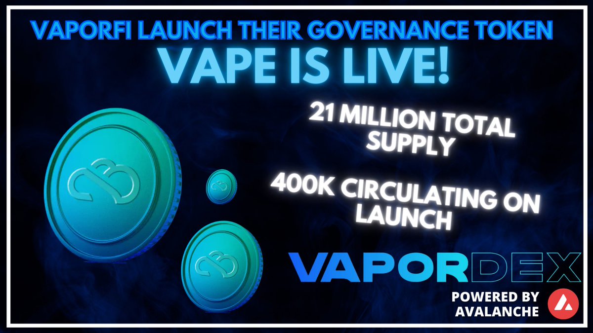 After a highly successful Genesis Pool, <a href="/_VaporFi/">VaporFi</a> have launched their governance token $VAPE ☁️

The beast of the $AVAX network keeps producing the goods! Congrats team! 🔺🔺🔺

Keep track of your bags! 💰💰💰
dexscreener.com/avalanche/0xa2…

<a href="/VaporDex/">VaporDEX🔺</a> @avalancheavax $VPND $USDC