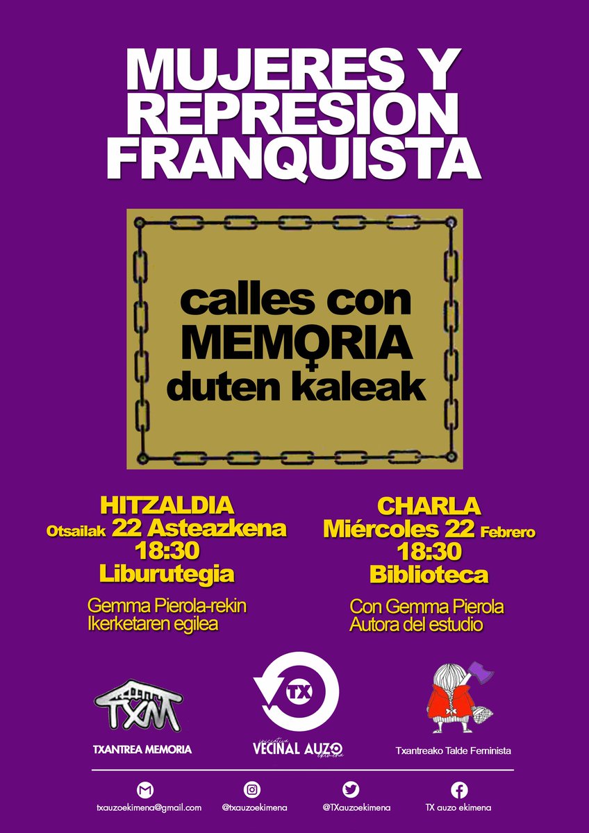 TXauzoekimena's tweet photo. Mujeres y represión franquista
CHARLA
Con Gemma Pierola
Autora del estudio y profesora de la UPNA
📆 Miércoles 22 Febrero
⏰ 18:30
📍 Biblioteca Txantrea
#CallesConMemoria
Txantrea memoria + Txantreako talde feminista + TX auzo ekimena
@TxAuzolan
@AhotsaInfo https://t.co/1bUmfX8lzI