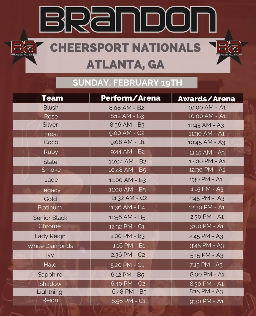 BA_WesleyChapel's tweet photo. Happy Cheersport Day 2, #BAFamily! Here are the performance times for day one of Cheersport Nationals! 😍🅱️🅰️💪

#BrandonAllstars #BrandonStrong #KnowOurName #Year28 #BAWC #BAJax https://t.co/x5CPX6maYq