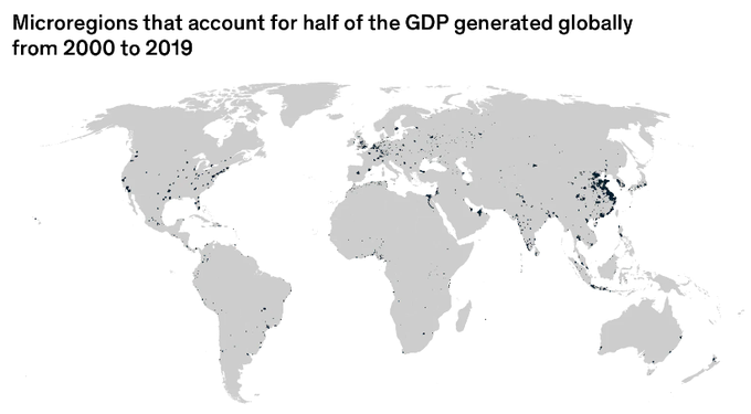 BjornLomborg's tweet photo. Astounding

Half the world's GDP is produced inside these tiny black spots

A quarter of humanity lives here (2bn)

It takes up 0.9% of the global land area

About the size of Colombia (130Mkm²*0.9%)

or 2x France

or Texas + California

https://t.co/6knwqzBPx3 https://t.co/fG3mPVxGmm