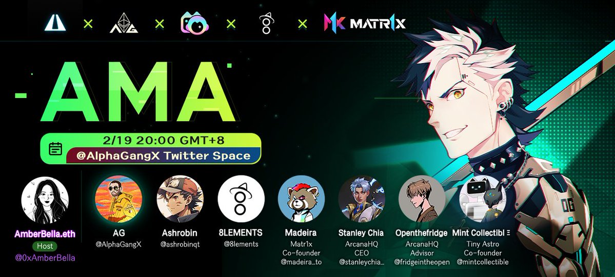 8LEMENTS (@8lements) on Twitter photo Excited to announce our first AMA with <a href="/Matr1xOfficial/">MATR1X FIRE</a> scheduled to take place TONIGHT at 20:00 GMT +8.
We welcome everyone to join and learn more about the 8LEMENTS journey!
x.com/i/spaces/1LyGB… Excited to announce our first AMA with <a href="/Matr1xOfficial/">MATR1X FIRE</a> scheduled to take place TONIGHT at 20:00 GMT +8.
We welcome everyone to join and learn more about the 8LEMENTS journey!
x.com/i/spaces/1LyGB…
