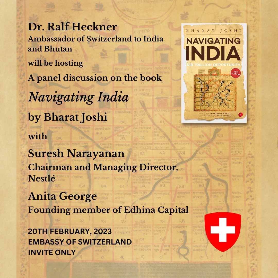 NavigatingInd's tweet photo. Can #India achieve or exceed its $18 #Trillion potential by #2047?

@bharatjoshi_, Suresh Narayanan (CMD, @NestleIndia) &amp; Anita George (Co-founder, Edhina Capital) will examine this at a panel discussion based on the new edition of 'Navigating India' organised by @SwissEmbassyIND https://t.co/r9XyoSRken