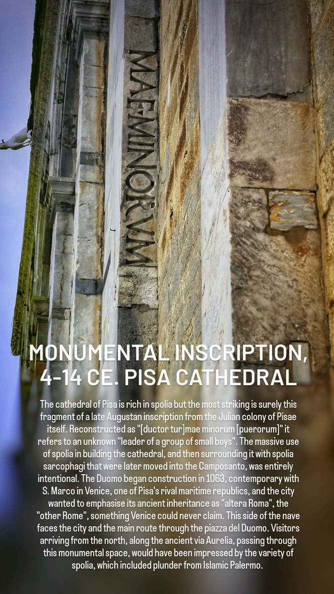antmoose's tweet photo. For #spoliaSunday a striking #inscription in #Augustan #epigraphy on a nave rib of the Duomo of #Pisa is meant to catch our attention and inform us that the city's powerful maritime republic considered itself heir to #Rome's dominance of the Mediterranean. Take that, #Venice! https://t.co/Ebeh6u7VBR